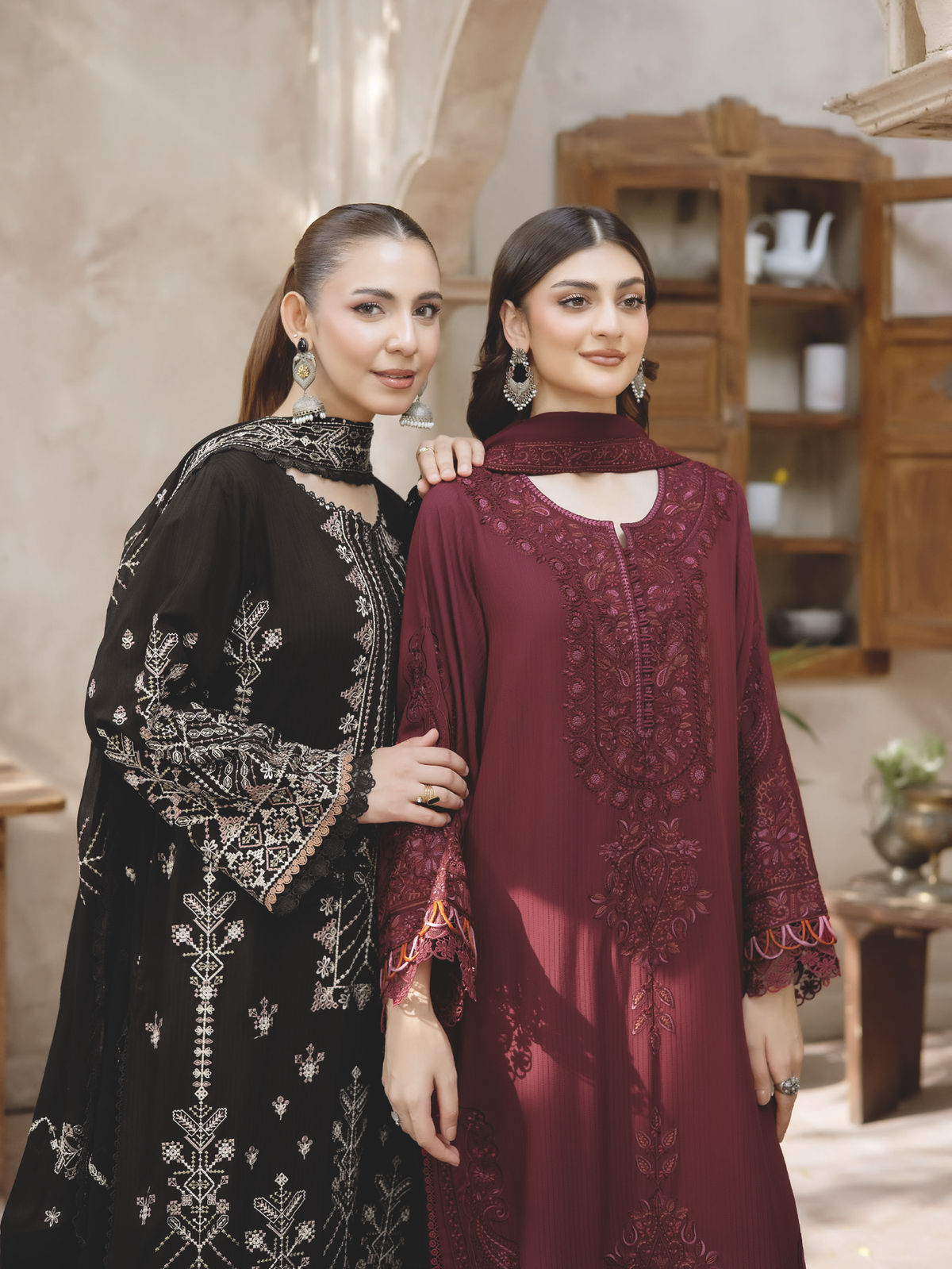 Embroidered Silk Viscose Winter Suit with Embroidered Bamber Chiffon Dupatta