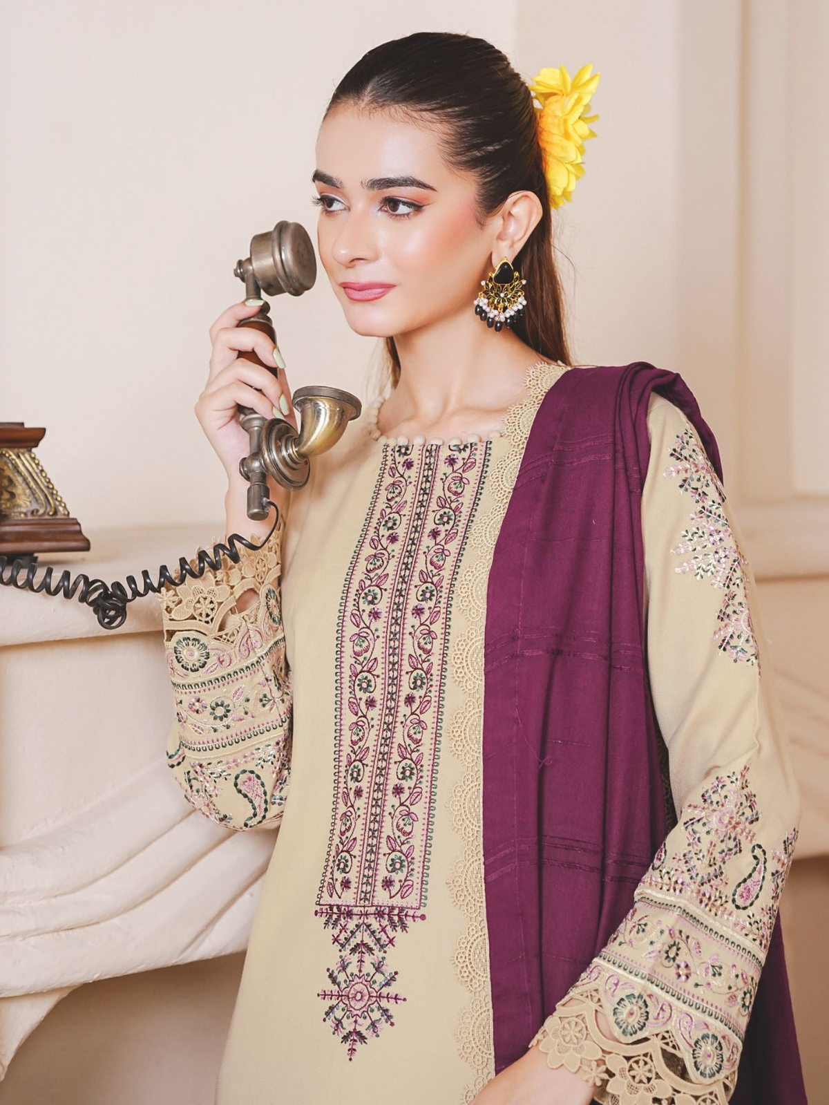 Embroidered Winter Luxury Suit with Jacquard Wool Shawl