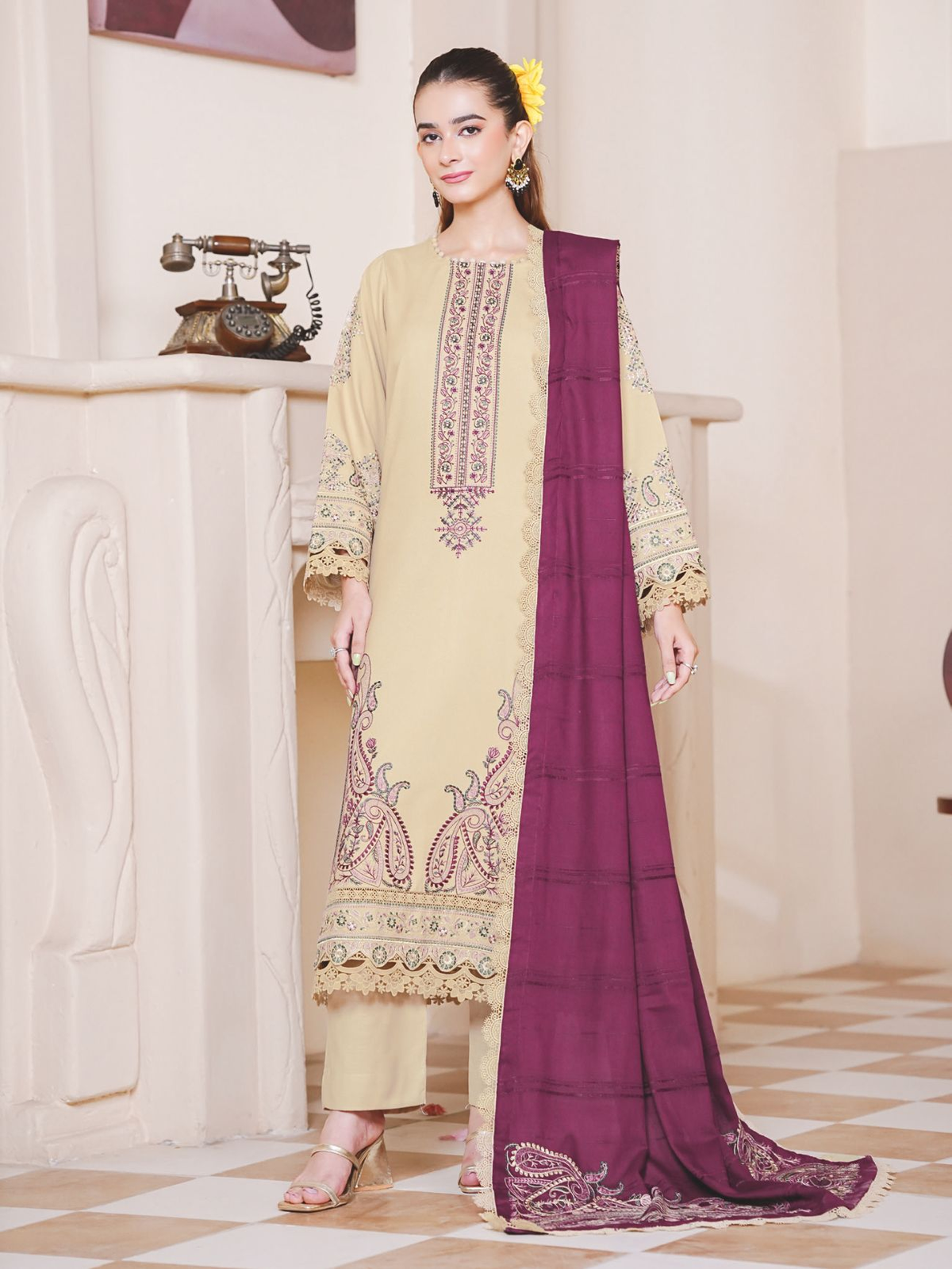 Embroidered Winter Luxury Suit with Jacquard Wool Shawl