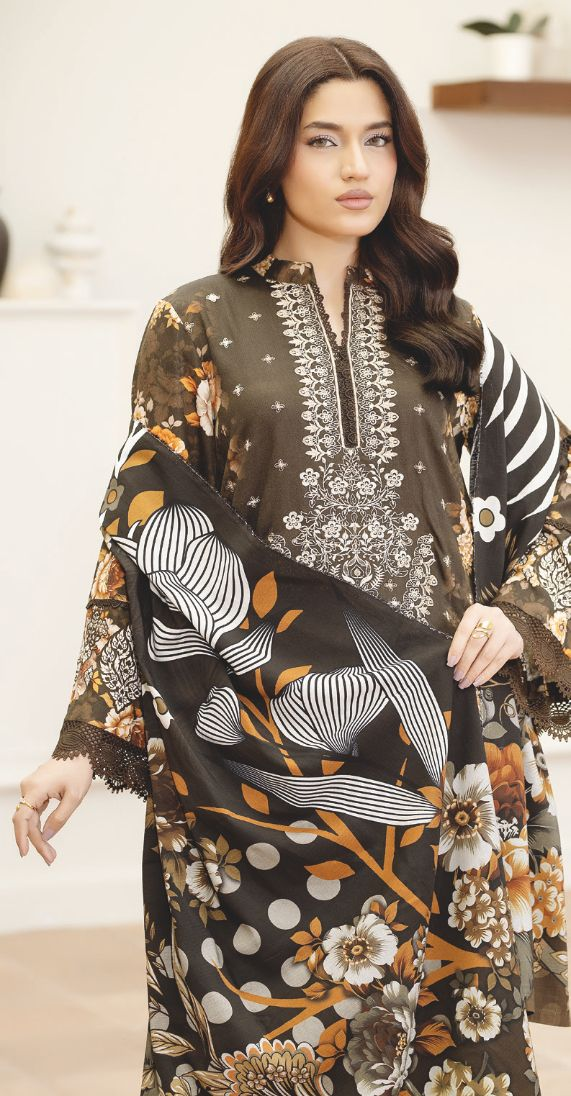 Luxury Embroidered Slub 3-Piece Suit with Printed Shawal – Sophisticated Winter Style