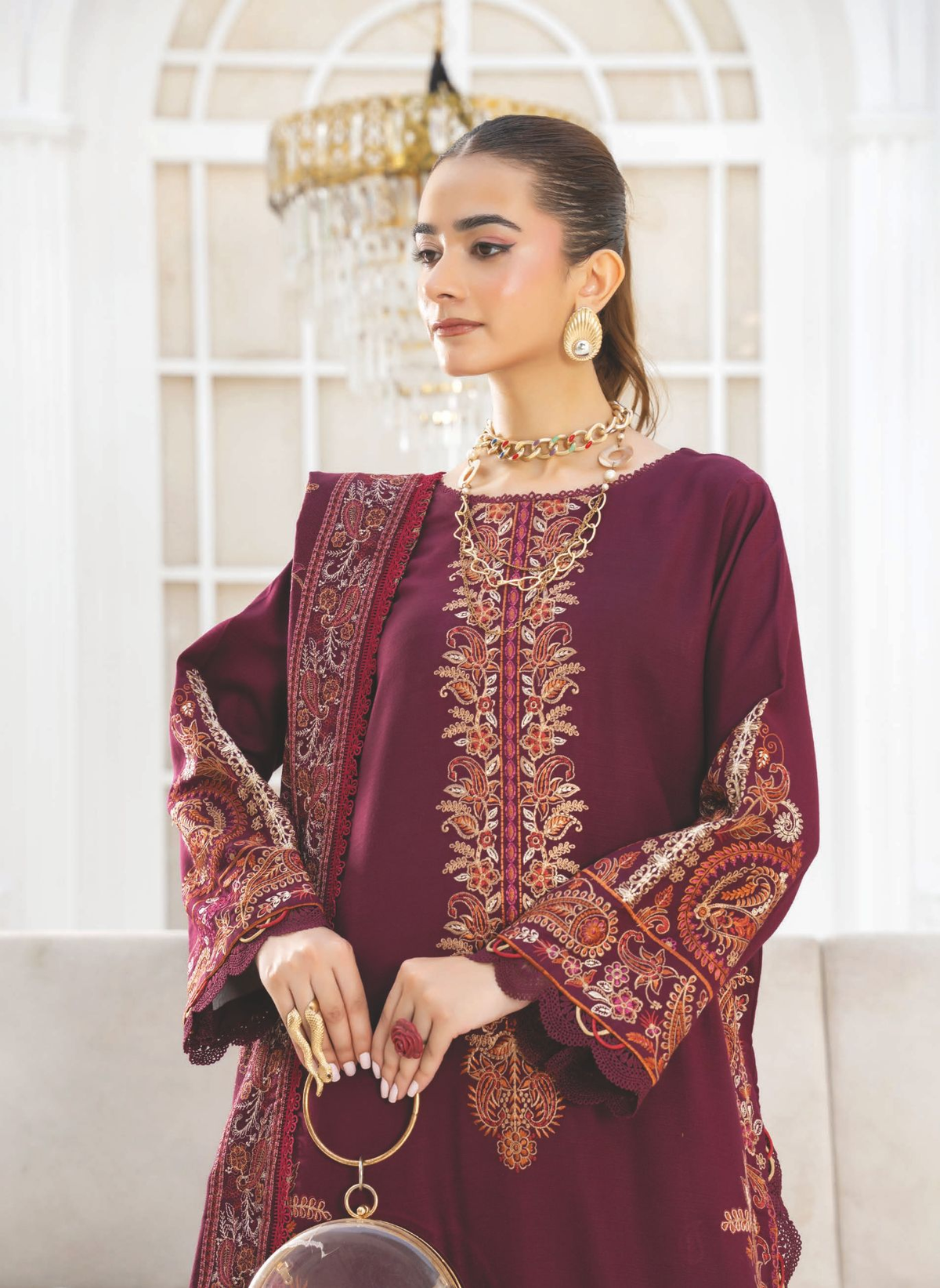 Embroidered Winter Outfit with Embroidered Luxury Shawl