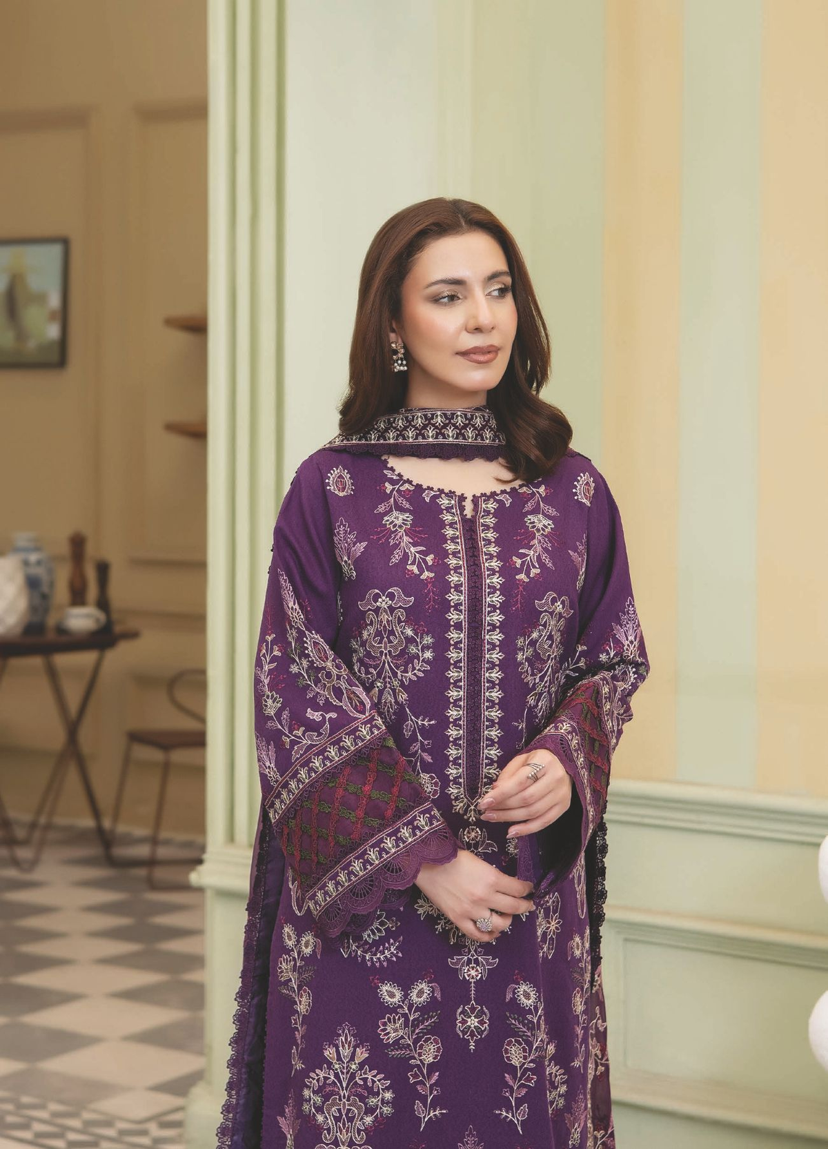 Designer-Inspired Karandi Suit with Embroidered Bamber Chiffon Dupatta