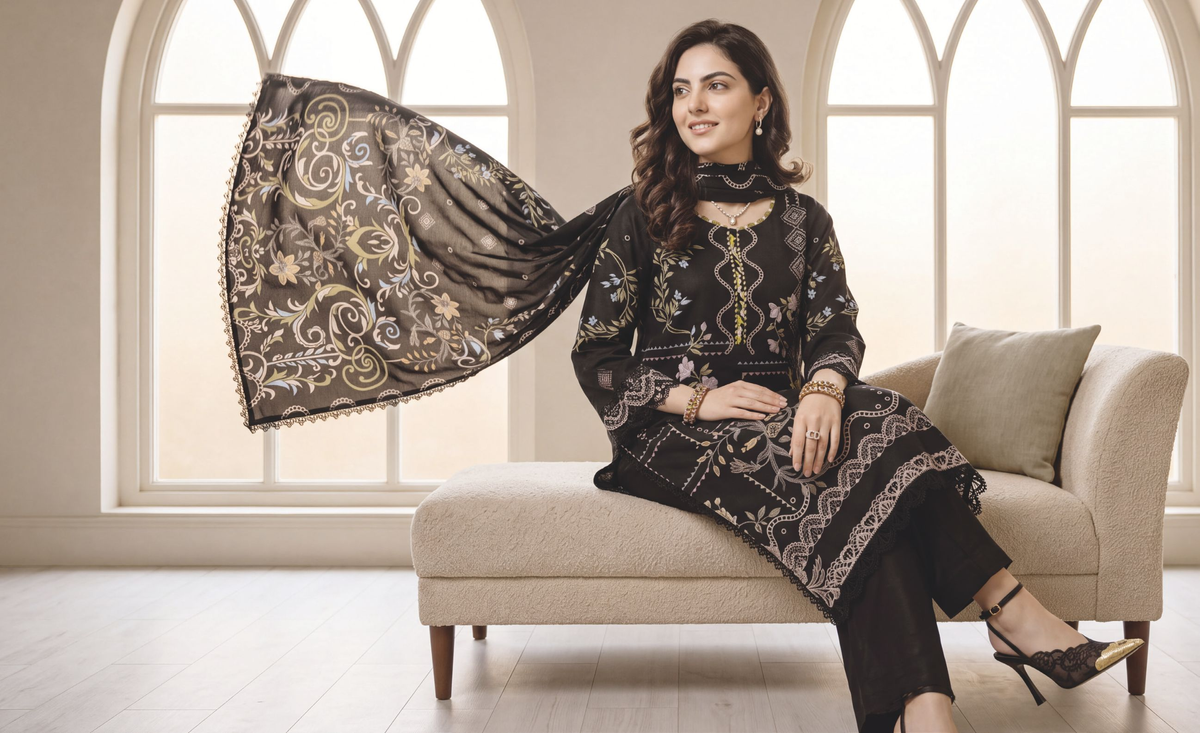 Classy Printed Winter Suit with Elegant Printed Wool Shawl