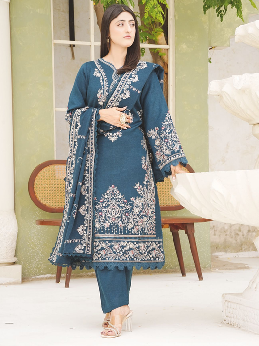 Elegant Embroidered Peach Leather Outfit with Matching Wool Shawl