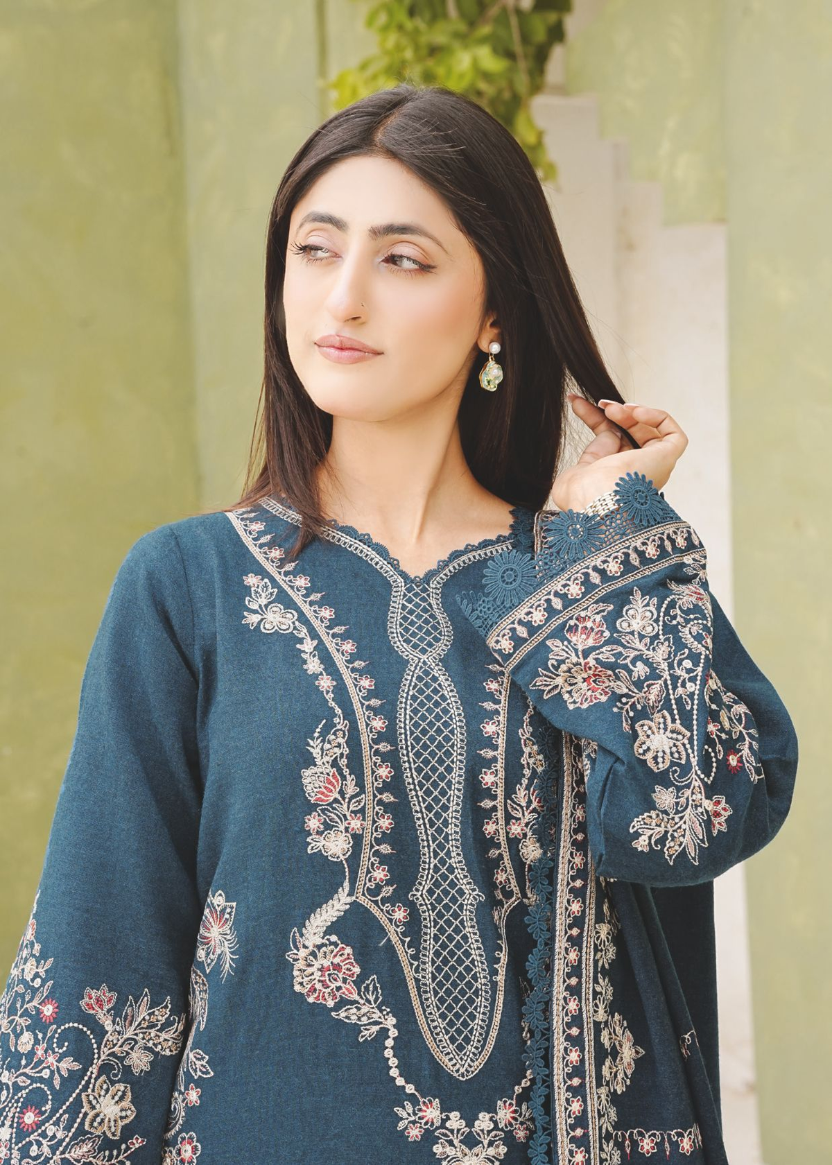 Elegant Embroidered Peach Leather Outfit with Matching Wool Shawl