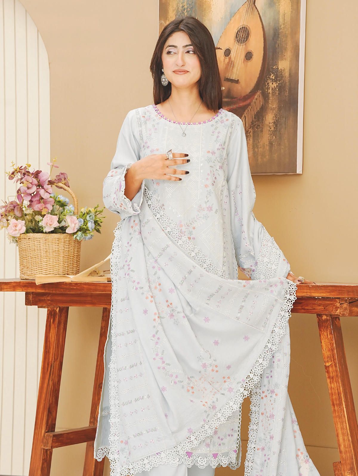 Premium Embroidered Peach Leather 3-Piece Suit with Wool Shawl